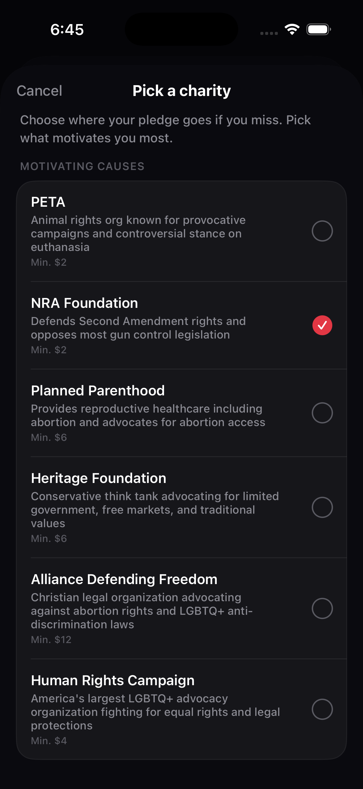 Pick a charity screen